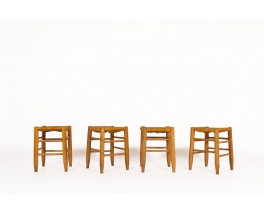 Stools in straw and tinted beech 1950 set of 4