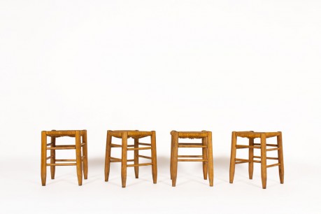 Tabourets en paille et hêtre teinté 1950 set de 4