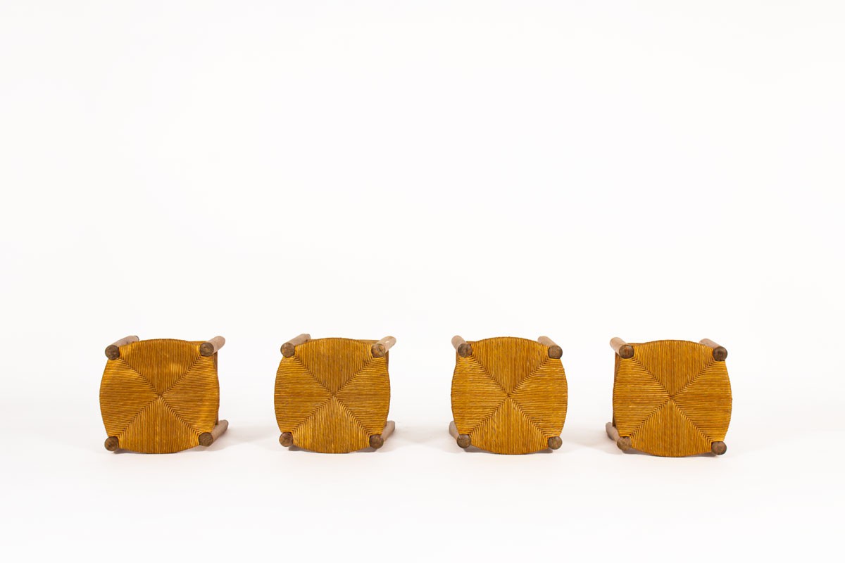 Stools in straw and tinted beech 1950 set of 4