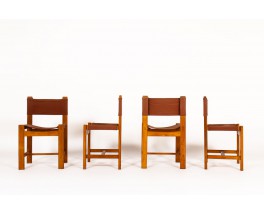 Chairs in elm and burgundy fabric edition Maison Regain 1980 set of 4