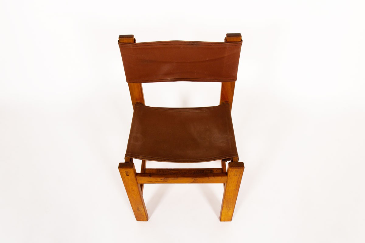 Chairs in elm and burgundy fabric edition Maison Regain 1980 set of 4