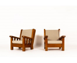 Armchairs in solid elm and linen fabric 1950 set of 2