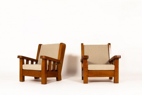 Armchairs in solid elm and linen fabric 1950 set of 2