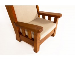 Armchairs in solid elm and linen fabric 1950 set of 2