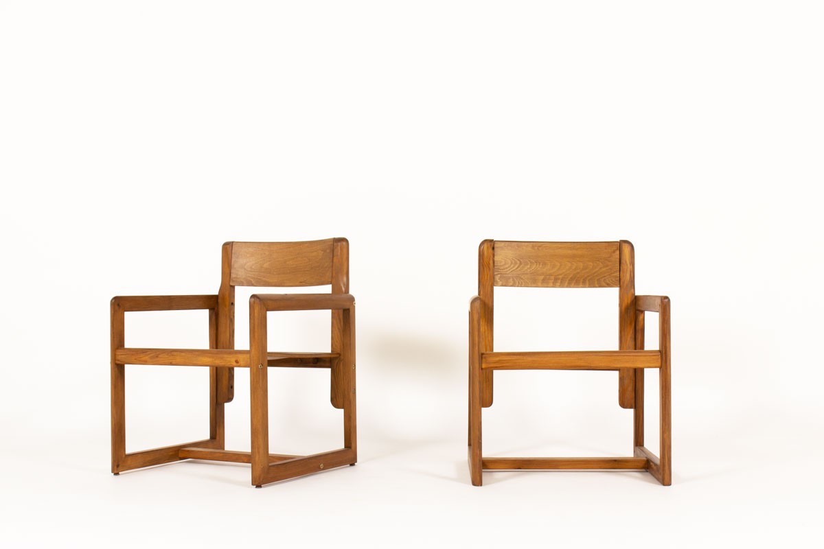 Andre Sornay armchairs in stained pine 1960 set of 2