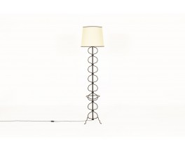 Lampadaire tripode métal noir et abat-jour beige 1950