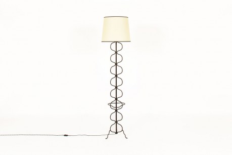 Tripod floor lamp in black metal with beige lampshade 1950