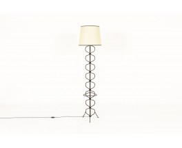 Lampadaire tripode métal noir et abat-jour beige 1950