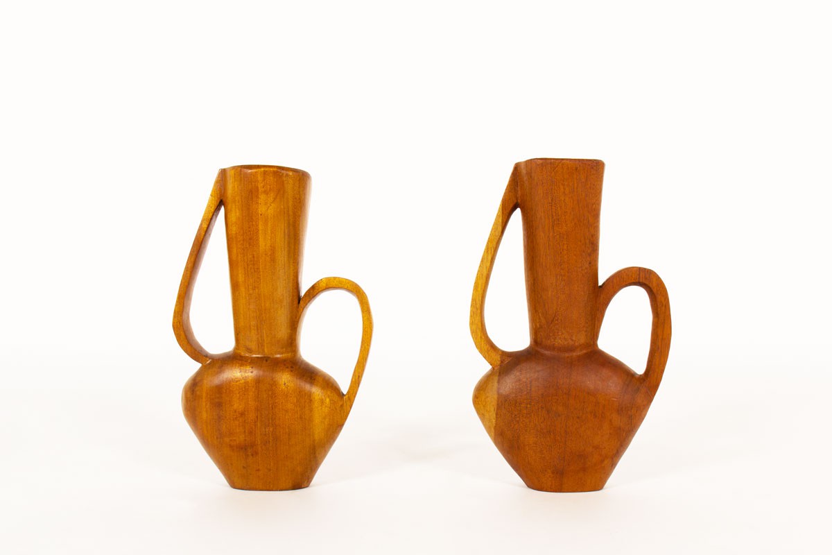 Vases monoxyles en acajou design africain 1950 set de 2