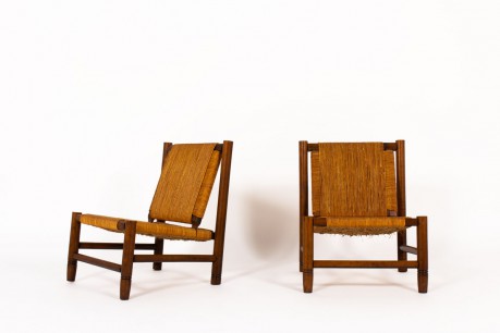 Fauteuils en frêne et paille 1950 set de 2