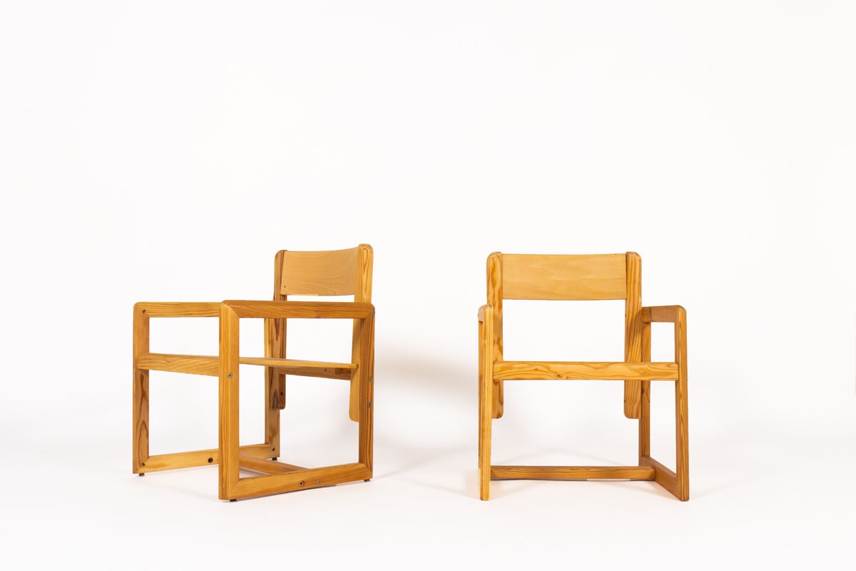 Andre Sornay armchairs in stained pine 1960 set of 2