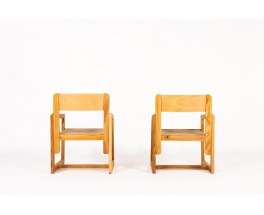 Andre Sornay armchairs in stained pine 1960 set of 2