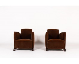 Armchairs in brown velvet and oak Art Deco design 1930 set of 2