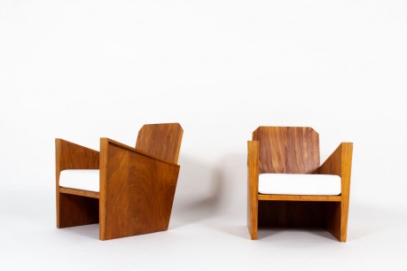 Armchairs in mahogany and Maison Thevenon fabric Brazilian design 1950 set of 2