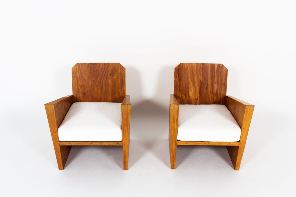 Armchairs in mahogany and Maison Thevenon fabric Brazilian design 1950 set of 2