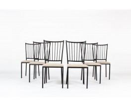 Chairs in black metal and linen seat by Maison Thevenon 1950 set of 6