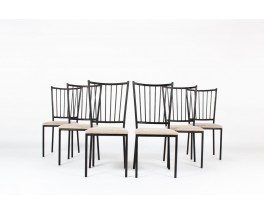 Chaises en métal noir et assise lin Maison Thevenon 1950 set de 6