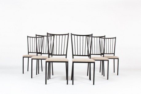 Chairs in black metal and linen seat by Maison Thevenon 1950 set of 6