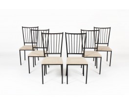 Chairs in black metal and linen seat by Maison Thevenon 1950 set of 6