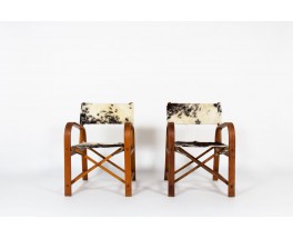 Folding armchairs in beech and cowhide seat 1950 set of 2