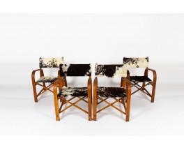 Folding armchairs in beech and cowhide seat 1950 set of 2