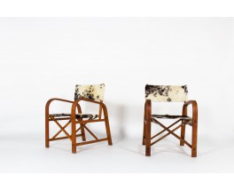 Folding armchairs in beech and cowhide seat 1950 set of 2