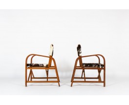 Fauteuils pliants hêtre et assise peau de vache 1950 set de 2