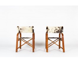 Folding armchairs in beech and cowhide seat 1950 set of 2