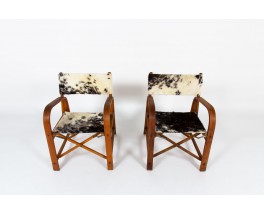 Folding armchairs in beech and cowhide seat 1950 set of 2