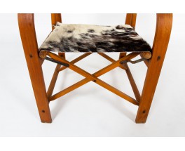 Folding armchairs in beech and cowhide seat 1950 set of 2