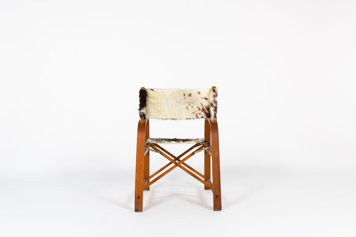 Folding armchair in beech and cowhide seat 1950