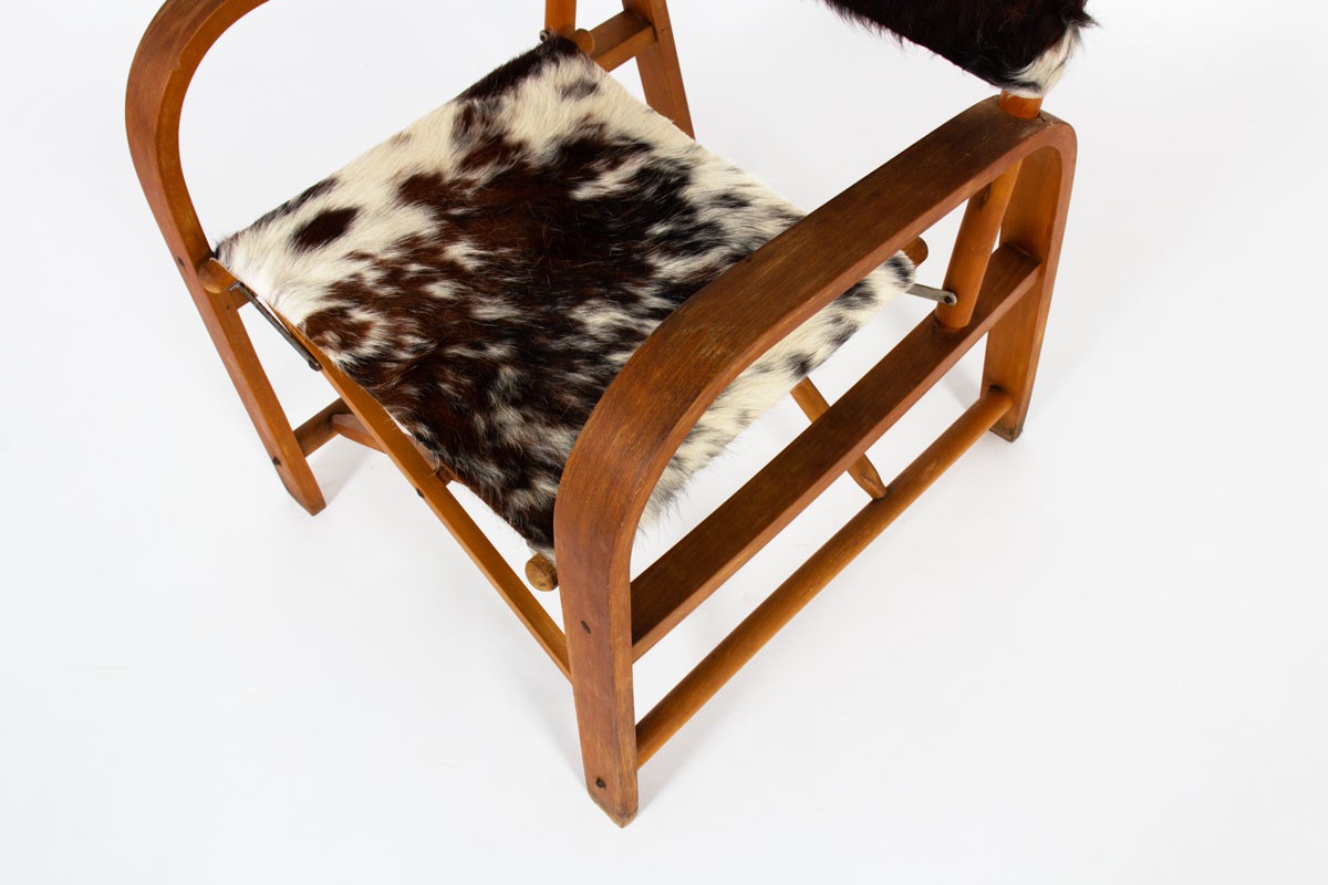 Folding armchair in beech and cowhide seat 1950