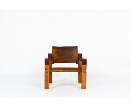 Pierre Chapo armchair S10 model in elm and brown leather 1960