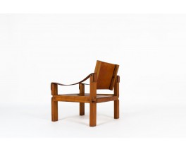 Pierre Chapo armchair S10 model in elm and brown leather 1960