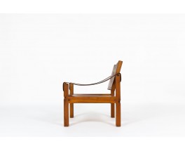 Pierre Chapo armchair S10 model in elm and brown leather 1960