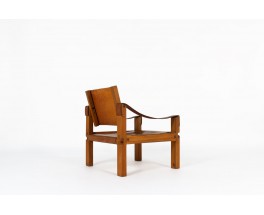 Pierre Chapo armchair S10 model in elm and brown leather 1960