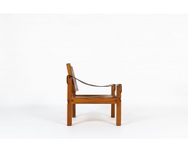 Fauteuil Pierre Chapo modèle S10 en orme et cuir marron 1960