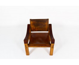 Pierre Chapo armchair S10 model in elm and brown leather 1960