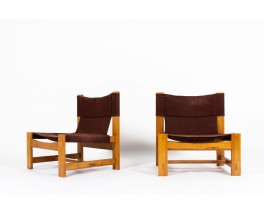 Low chairs in elm and burgundy fabric edition Maison Regain 1980 set of 2