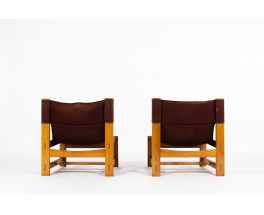 Low chairs in elm and burgundy fabric edition Maison Regain 1980 set of 2