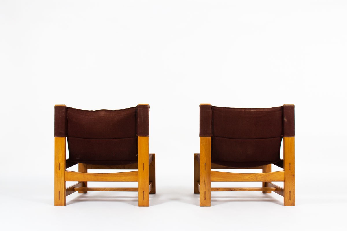Low chairs in elm and burgundy fabric edition Maison Regain 1980 set of 2