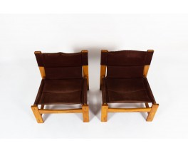 Low chairs in elm and burgundy fabric edition Maison Regain 1980 set of 2