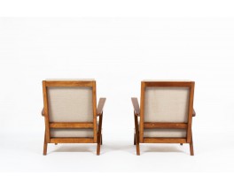 Armchairs in oak with natural linen design reconstruction 1950 set of 2