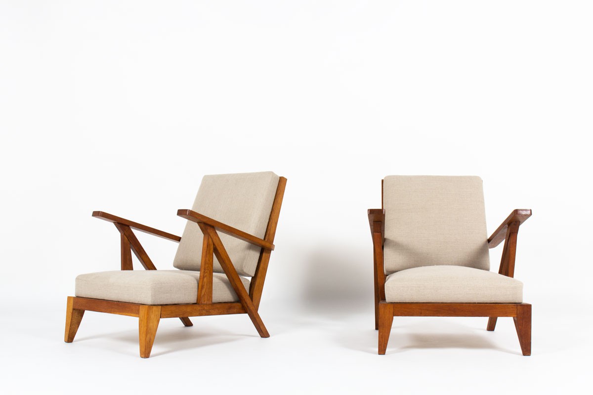Armchairs in oak with natural linen design reconstruction 1950 set of 2