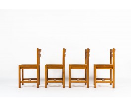 Chaises Roland Haeusler en orme et assise paille édition Maison Regain 1980 set de 4