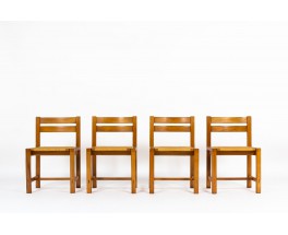 Chaises Roland Haeusler en orme et assise paille édition Maison Regain 1980 set de 4