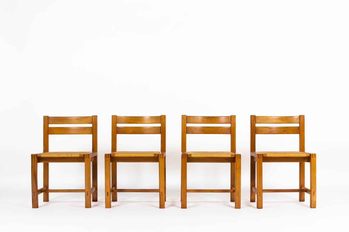Roland Haeusler chairs in elm and straw seat edition Maison Regain 1980 set of 4