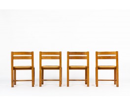 Chaises Roland Haeusler en orme et assise paille édition Maison Regain 1980 set de 4