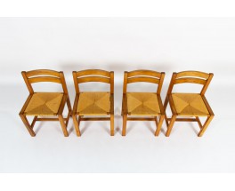 Chaises Roland Haeusler en orme et assise paille édition Maison Regain 1980 set de 4