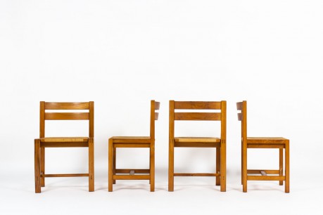 Chaises Roland Haeusler en orme et assise paille édition Maison Regain 1980 set de 4